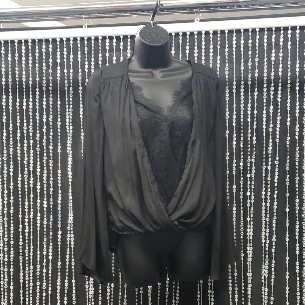 Satin Elegant Black Lace Blouse - Picture 2 of 4